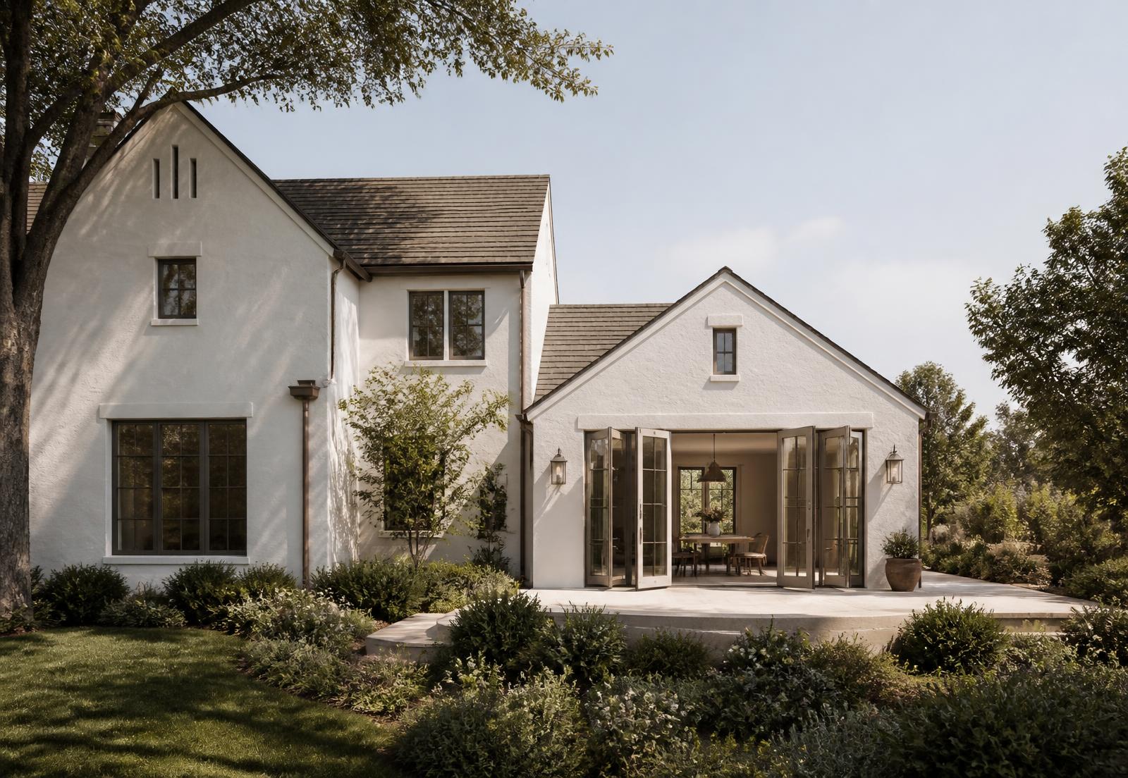 Addition opening to a garden terrace through folding glass doors