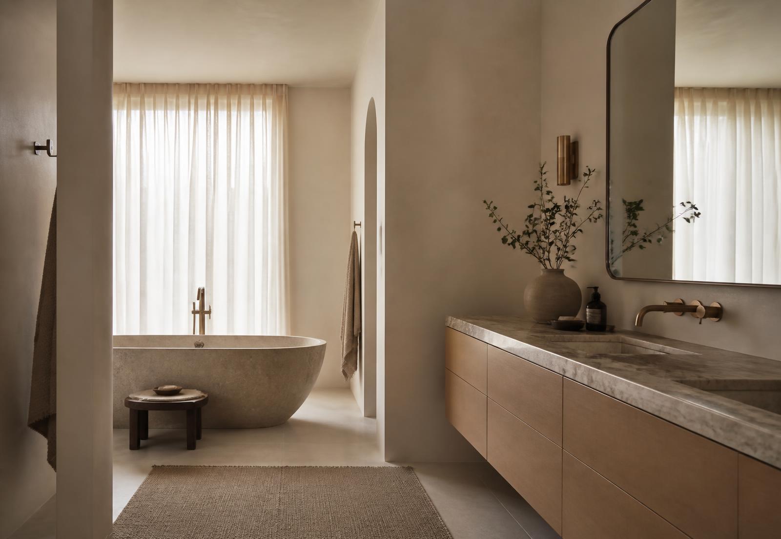 Primary bath with a stone tub and plaster walls