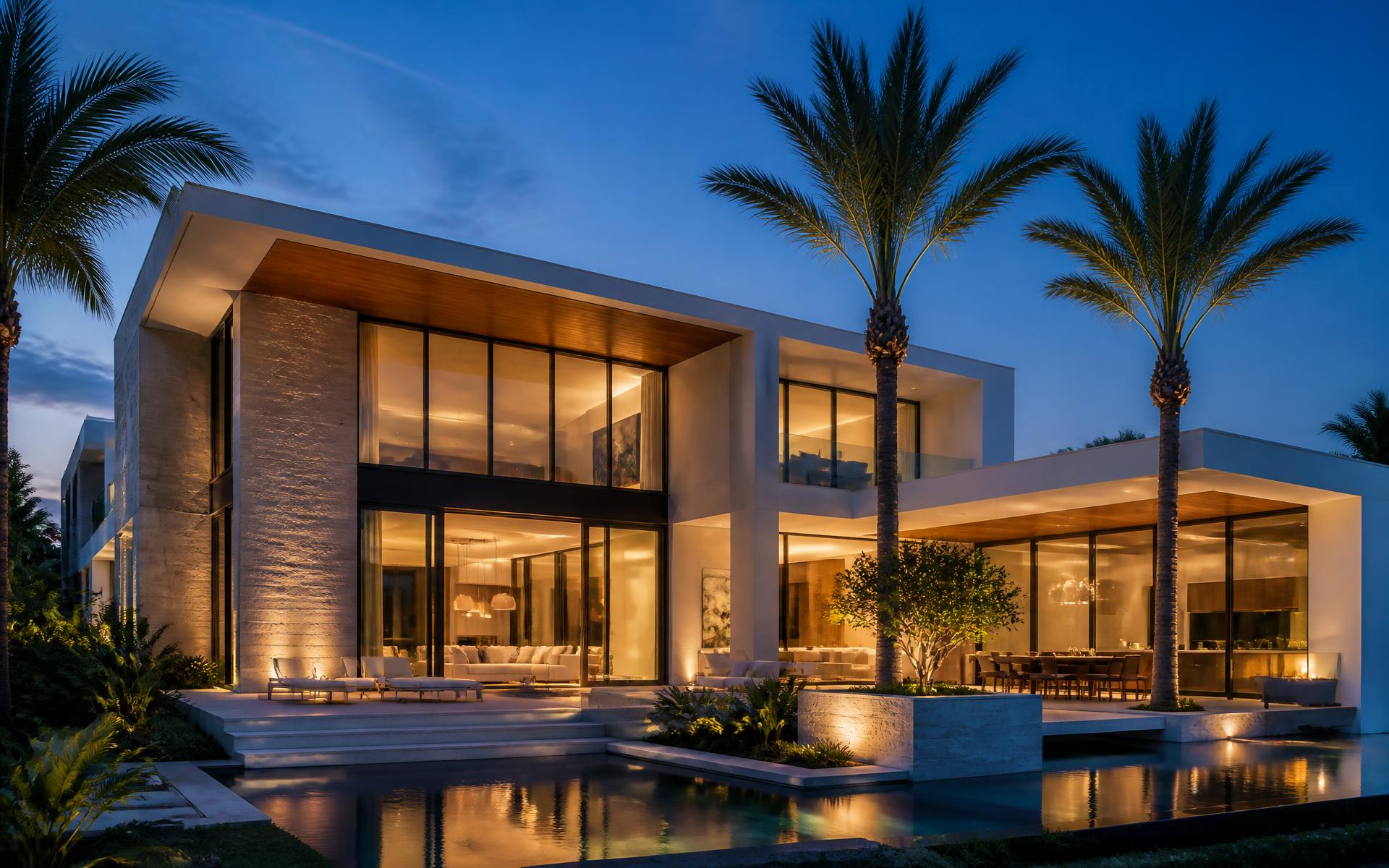 Luxury custom home glowing at dusk beside a still reflecting pool