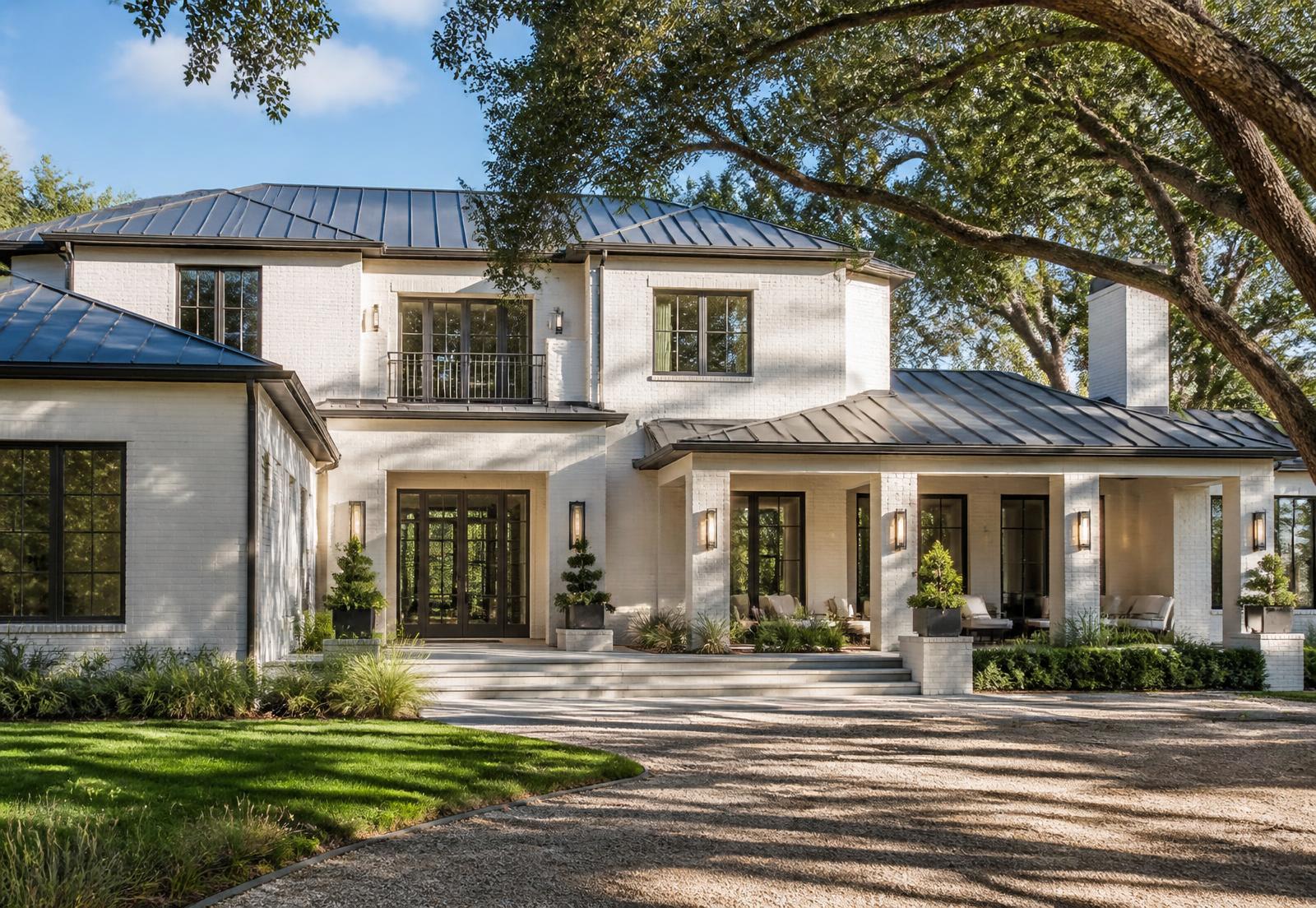 Renovated two-story home exterior beneath mature oaks