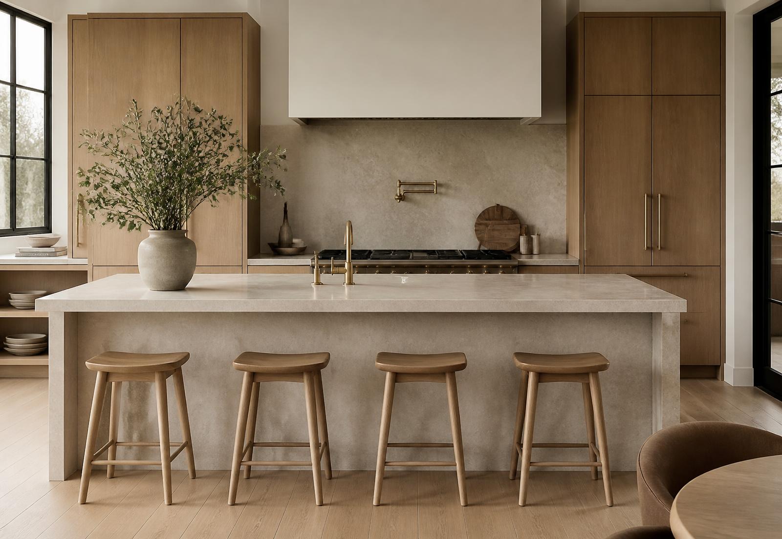 Kitchen with white oak cabinetry and a honed stone island