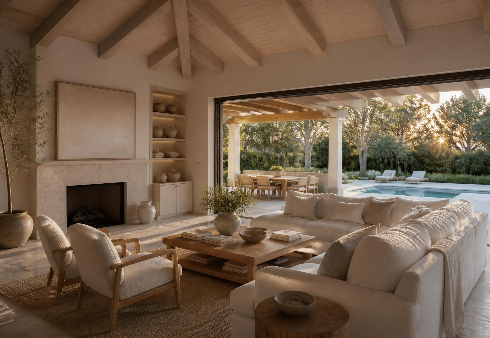Living room opening onto a covered lanai in late afternoon light
