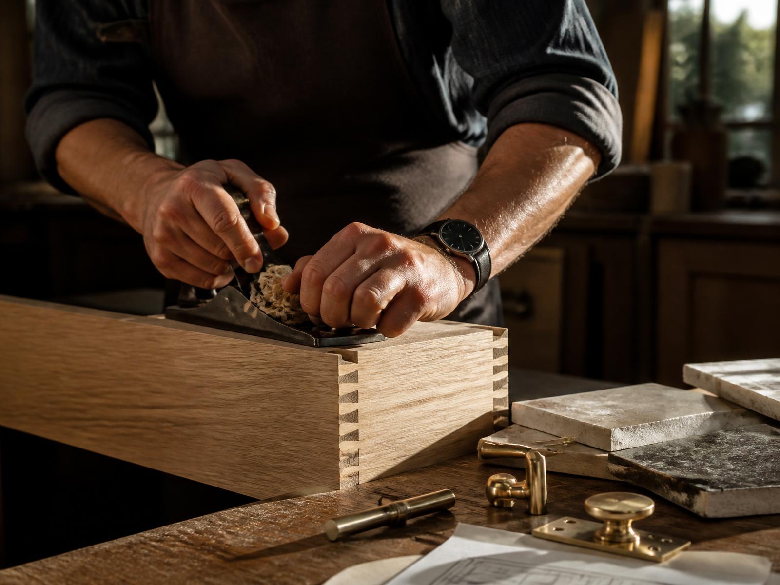 Craftsman hand-planing white oak joinery beside brass hardware and stone samples