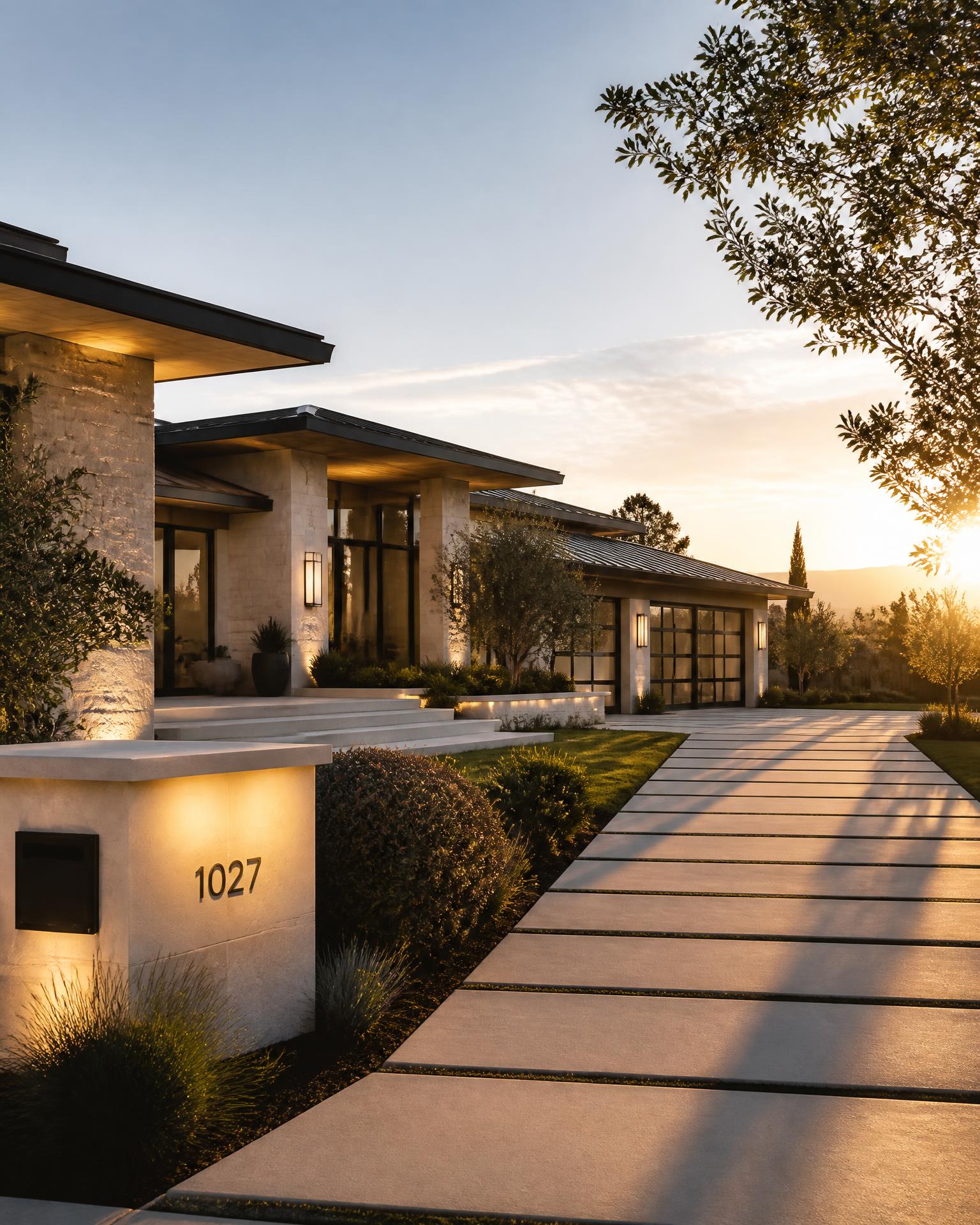 Luxury custom home exterior at golden hour