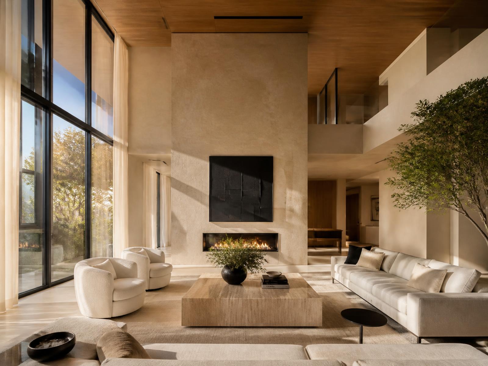 Double-height living room with limestone, white oak and afternoon light