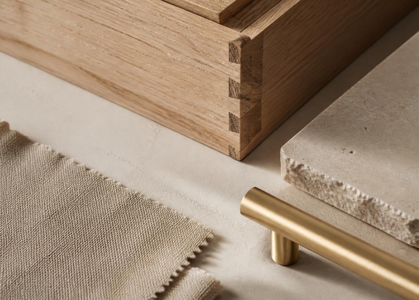 Oak joinery, limestone, linen and brushed brass arranged as a material study